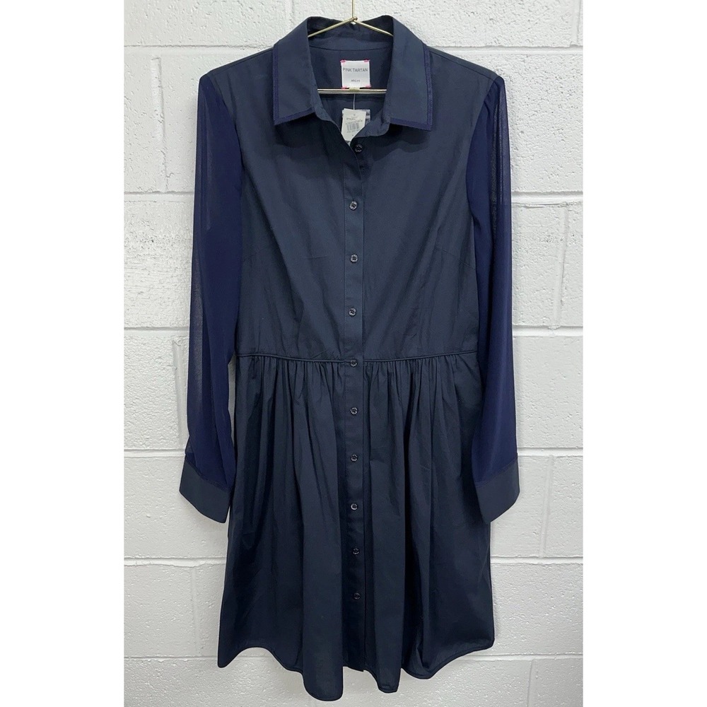 NWT Pink Tartan Tunic Shirt Dress Navy Blue Sheer Sleeve Button Front / Size 8